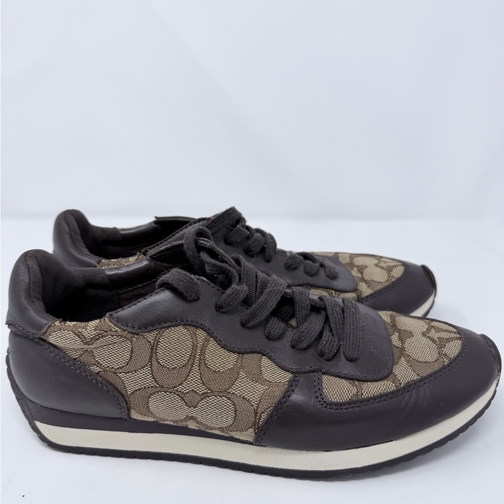 Coach Farrah Signature Jacquard Brown and Tan Lace-Up Sneakers size 8,5 - Picture 5 of 9